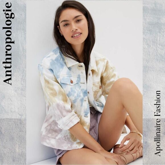 Anthropologie Tie dye in Blue Tan Jean Jacket Large New - Picture 5 of 7